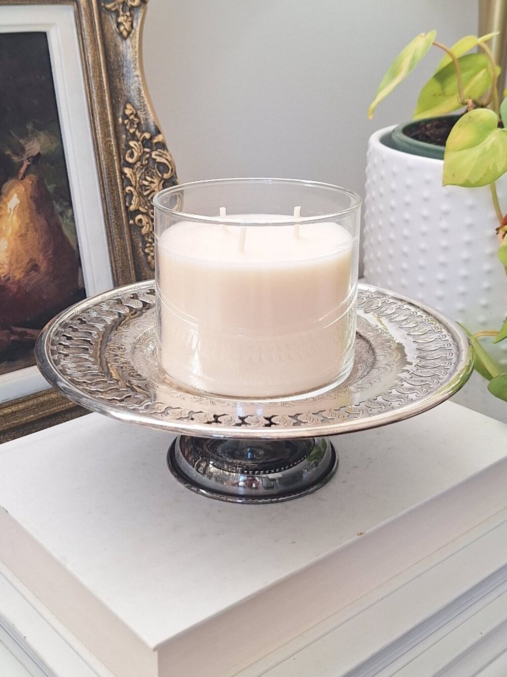 Vintage silver pedestal bowl tray ornate 3 wick candle holder